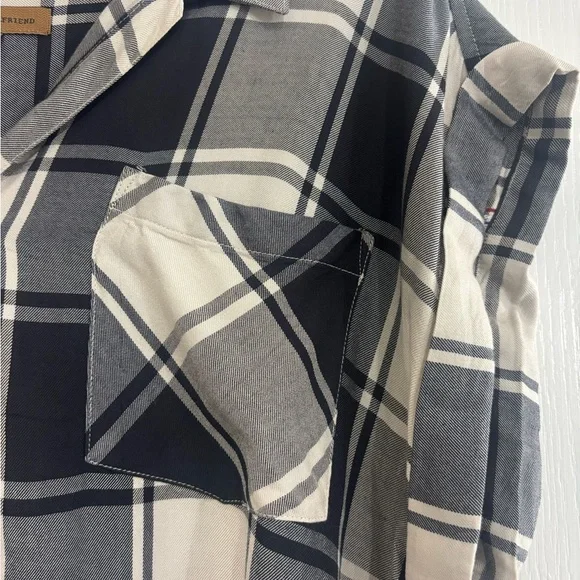 Jack’s Girlfriend Black and Ivory Plaid Button Up Cap Sleeve Casual Shirt, M - Picture 4 of 6